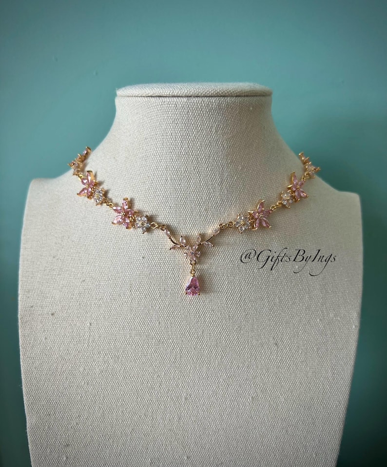 Elegant ethereal pink floral choker necklace, Regency bridal wedding gold choker, Fantasy fairycore fairy princess ballroom flower jewelry image 3