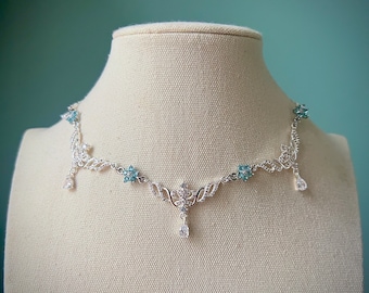 Silver fairycore icy blue floral choker necklace, Elegant princess regency teardrop jewelry, Royal delicate angelic fantasy ethereal choker