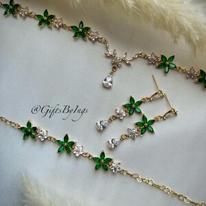 Elegant ethereal pink floral choker necklace, Regency bridal wedding gold choker, Fantasy fairycore fairy princess ballroom flower jewelry Green