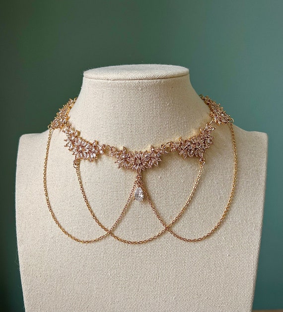 Elegant White Bridal Choker Necklace, Clear Crystal Flower Choker