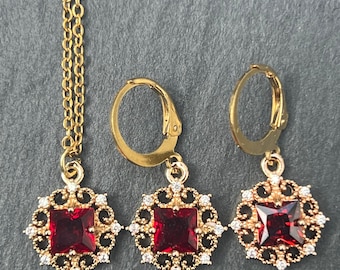 Red regency necklace, Elegant old money necklace,  Sparkly opal regal charm, Pretty ruby red amethyst pendant, Minimalist dainty necklace