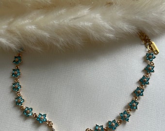 Beautiful Blue Flower Choker, Dainty Teal Floral Necklace