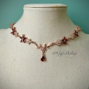 Elegant ethereal garnet red floral rose gold choker necklace, Regal bridal historic Victorian wedding choker, Fantasy fairycore jewelry set