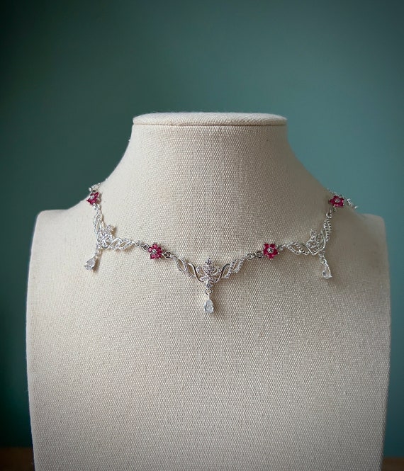 Silver Fairycore Icy Blue Floral Choker Necklace, Elegant