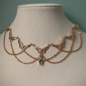Elegant gold butterfly choker necklace, Beautiful regal regency princess necklace, Evening prom teardrop choker, White rhinestone jewelry