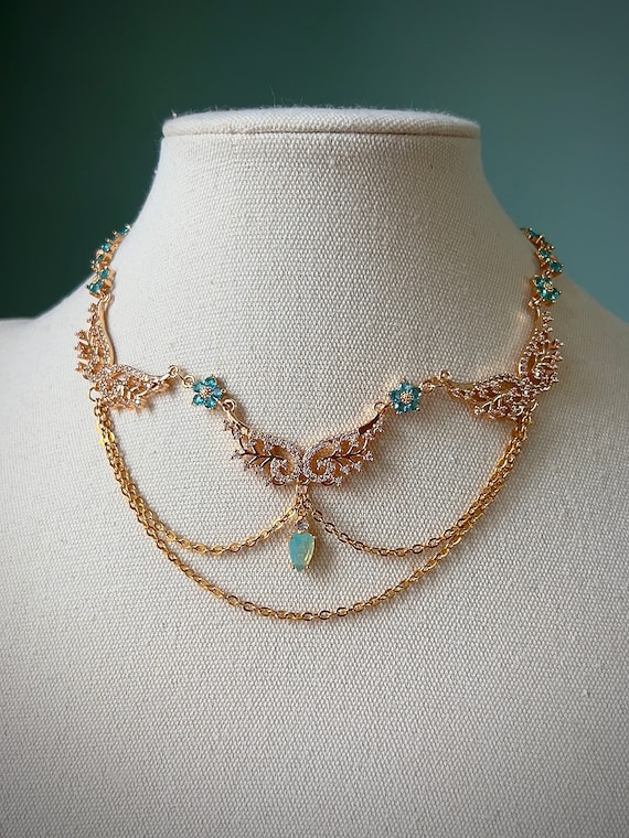 Dreamy Turquoise Blue Flower Choker Necklace With Fairy