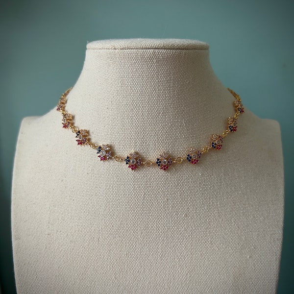 Delicate multicoloured regal choker necklace, Sparkly dainty fairycore fantasy jewelry, Royalcore regency princess gold layering prom choker