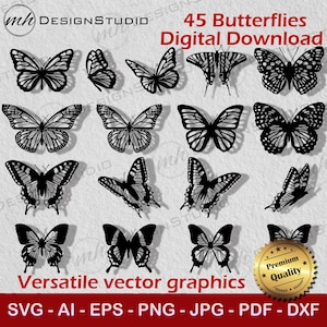 Vlinder SVG-bundel, vectorafbeelding, silhouet, Cricut, plotterbestand, AI, Eps, Png, Pdf, dxf, CNC, lasergesneden, wenskaart, Clipart
