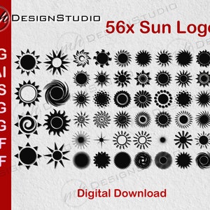 May include: A set of 56 black and white sun logo designs. The logos are in various styles, including geometric, abstract, and stylized. The logos are perfect for use in branding, marketing, and design projects.