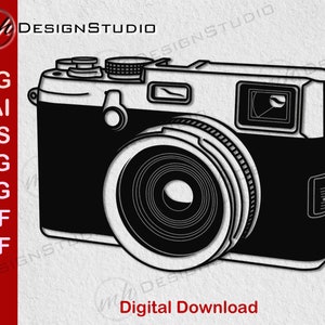 May include: Black and white silhouette of a vintage camera with a large lens. The camera has a film advance lever and a shutter release button.
