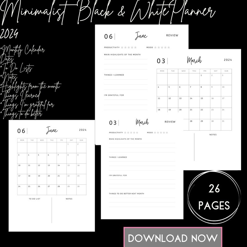 Monthly Planner 2024 Black & White Minimalist Printable, Monthly