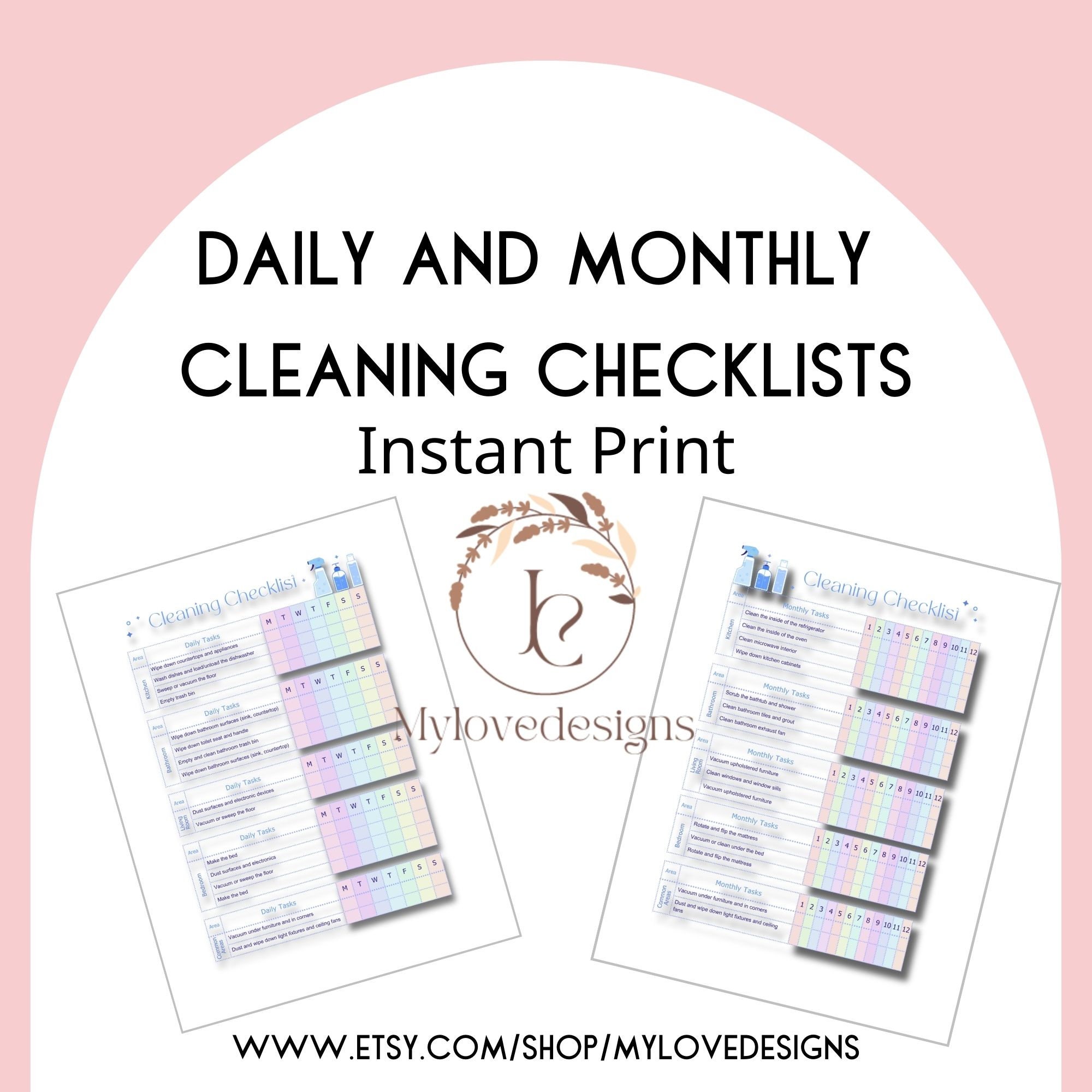 Cleaning Checklist, Daily Cleaning Task Checklist, Monthly Cleaning
