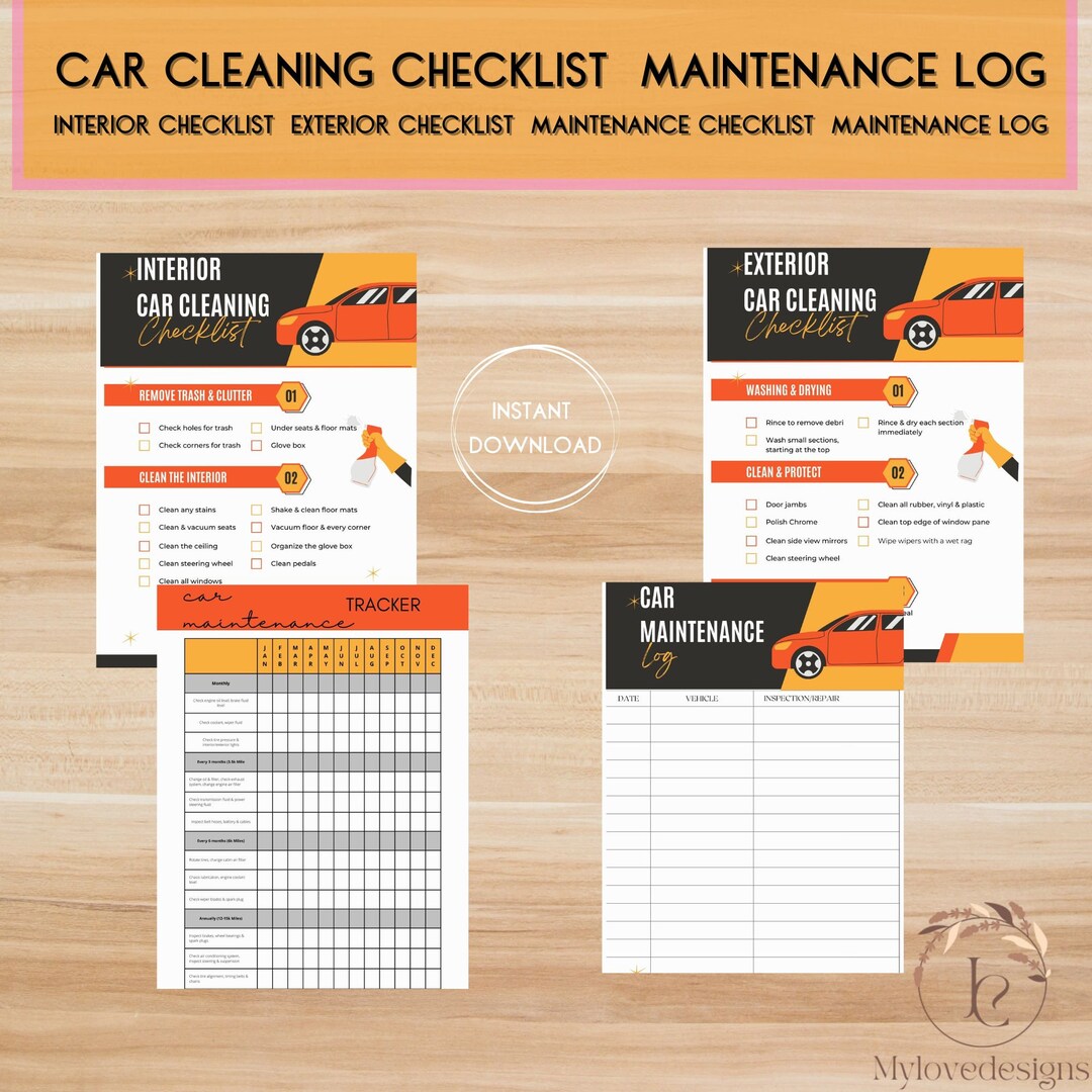 Vehicle interior exterior checklist car maintenance tracker log sheet
