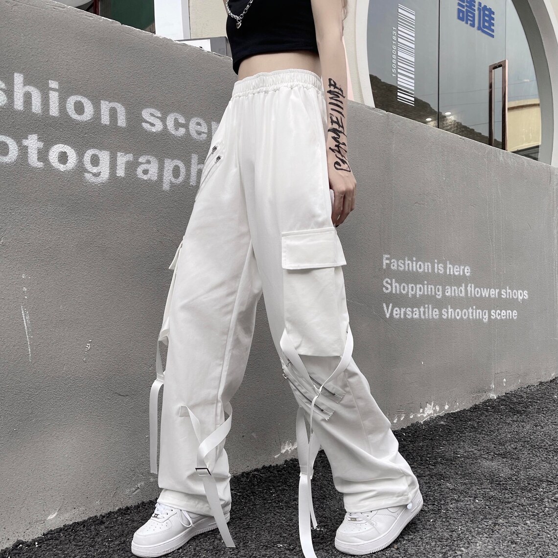 Women Straps Techwear White Harujuku Cargo Pants Zipper Etsy