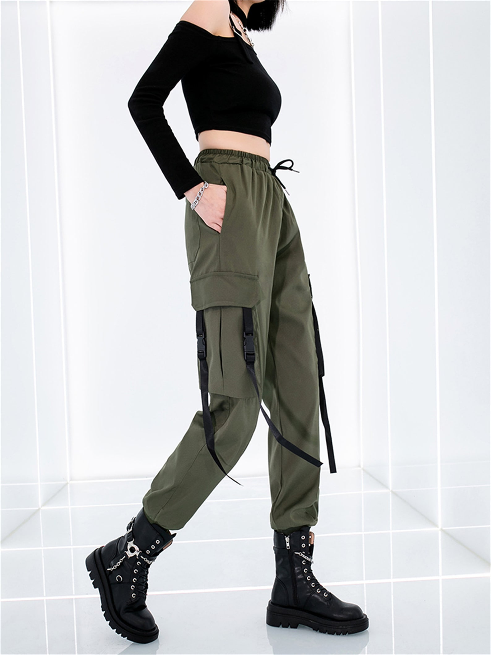 Green Women Techwear Straps Cargo Pants Harujuku Joggers | Etsy