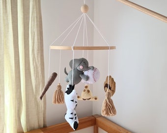 Baseball baby nursery mobile, glove bat nursery decor, hanging toy newborn, sports nursery mobile, baby baseball mobile, safari crib mobile