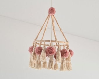 girl bedroom chandelier, girl baby mobile, hanging nursery decor, beads lighting kids, unique light for children, tassels ceiling lamp