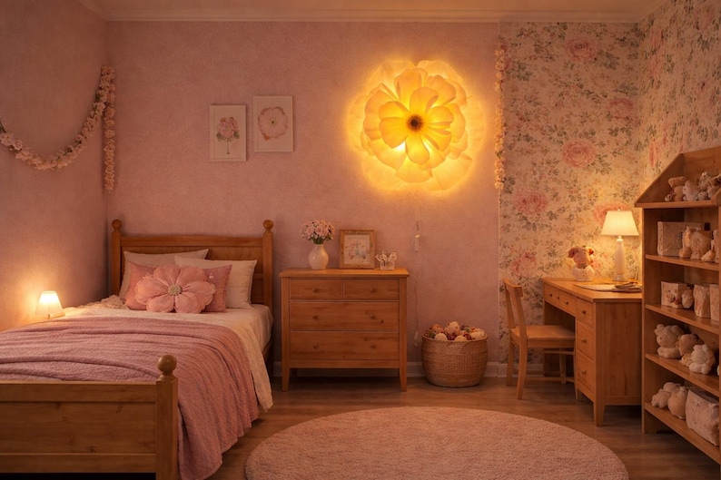 May include: A bedroom with wooden furniture, including a bed, chest of drawers, and desk. A large, illuminated flower-shaped light is on the wall. The room is decorated in soft pink tones with floral accents, creating a warm atmosphere.