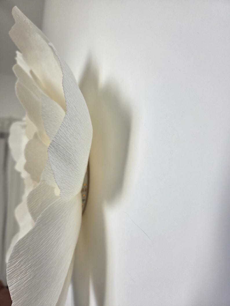 May include: A large, off-white paper flower with textured petals. The flower is mounted on a white wall, casting a shadow. The petals have a ruffled edge, and the centre is a darker shade.