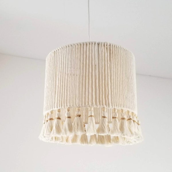 Neutral boho lampshade, bohemian chandelier bedroom, living room fringe light fixture, neutral baby nursery lamp, ceiling lamp kids room