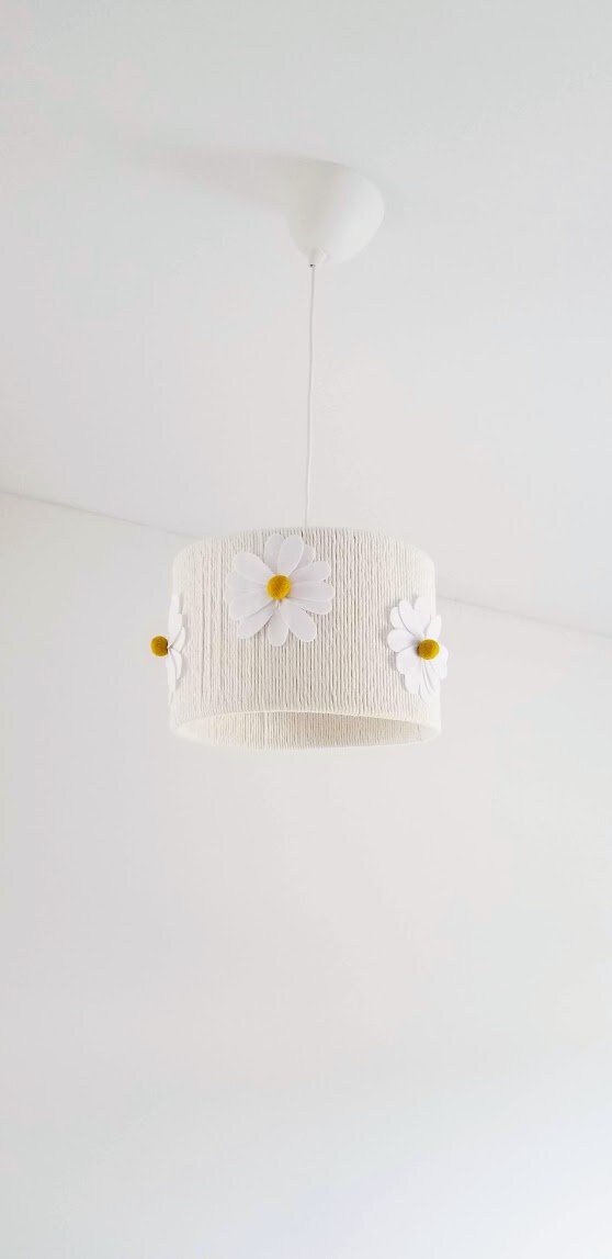 Handmade Daisy Pendant Lamp Shade – White Hanging Light with Flower Decor, Boho Nursery or Kids Room Lighting