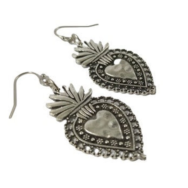 SACRED HEART EARRINGS, Stainless steel hook, Bohemian jewelry, Silver color earrings, Folk, Heart earrings, Sacred heart dangle earrings