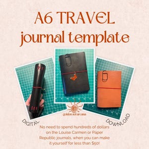 Peut inclure: Image présentant un modèle de journal de voyage A6. L'image montre trois journaux : un journal noir roulé, un journal noir avec un charme papillon et un journal orange. Le texte sur l'image indique "TÉLÉCHARGEMENT NUMÉRIQUE".