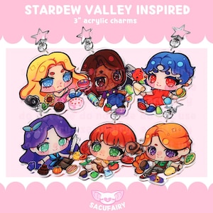 Stardew Valley Inspired Bachelorettes 3-inch Clear Acrylic double-sided Keychains: Emily, Haley, Maru, Penny, Leah, Abigail