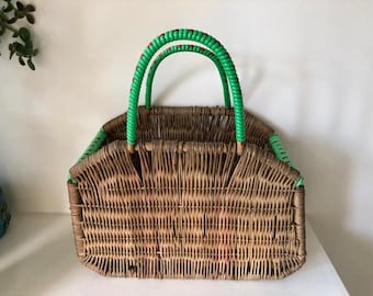 Vintage/Antique Wicker Basket With Green/red Plastic Handles