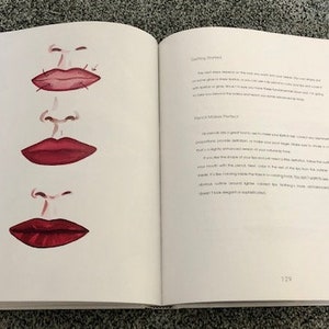 May include: A book page with three different illustrations of lips, each with a different shape and size. The text on the page discusses "Lips That Look Perfect".
