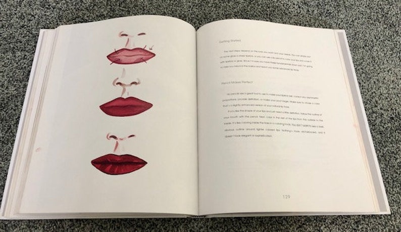 May include: A book page with three different illustrations of lips, each with a different shape and size. The text on the page discusses "Lips That Look Perfect".