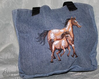 Horse Lover Bag • Embroidered Denim Mini Bag • Upcycled Jeans • Western Gift • Barn Tote • Cowgirl Bag”