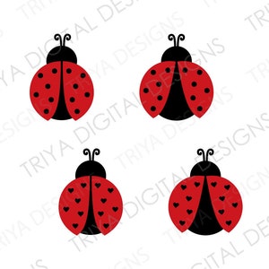 May include: Four black and red ladybug illustrations with different patterns on their wings. The ladybugs are all facing forward with their wings spread out.