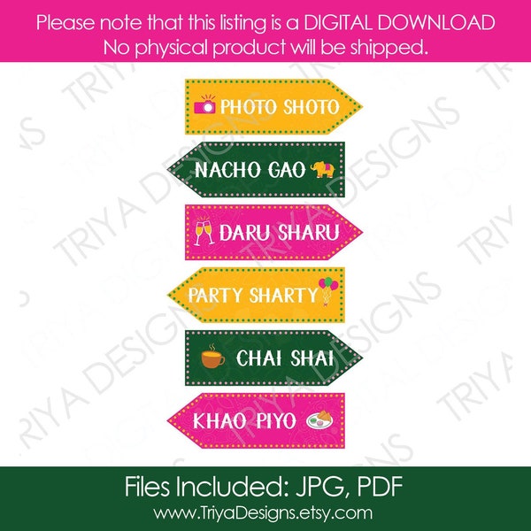 Desi Directional Signs JPG File | PRINTABLE Digital Download ONLY | Haldi Mehndi Signs, Indian Wedding Function, Hindi Decor, Mehendi Sign