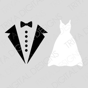 ウェディングドレスとタキシードの SVG カット ファイル バンドル | ウェディング ガウン、スーツ、蝶ネクタイ | 新郎、新郎の付き添い人、花嫁、PNG ファイル | インスタント デジタル ダウンロード