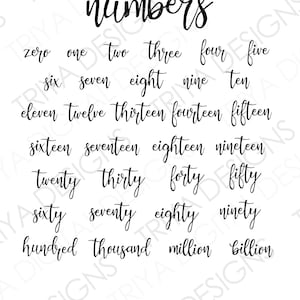 Cijfers met cursieve letters | Nul tot miljard getallen, tabelnummer woorden gesneden SVG-bestanden, nummer SVG-bestanden | Handgeletterd | Digitale DOWNLOAD