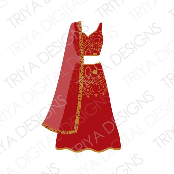 Indian Wedding Dress, Lehenga SVG Cut File | Bridesmaid Gown, Desi Outfit, Chaniya Choli PNG File | Red and Gold Clipart | Digital DOWNLOAD