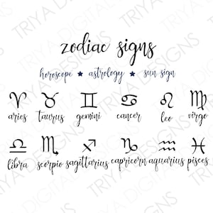 May include: A digital graphic displaying the text zodiac signs, horoscope, astrology, and sun sign in black script and serif fonts. Below are twelve black zodiac symbols and their corresponding names: Aries, Taurus, Gemini, Cancer, Leo, Virgo, Libra, Scorpio, Sagittarius, Capricorn, Aquarius, and Pisces.