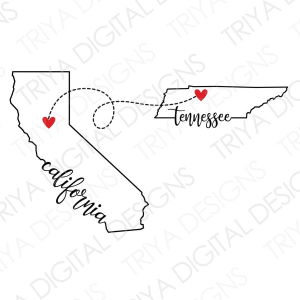 Custom Moving States with Text SVG | Two States PNG Print File | Long Distance Map | Hand Lettered Cursive Text |  | Digital DOWNLOAD