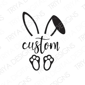 May include: Black and white silhouette of a bunny rabbit with the word "custom" written underneath. The bunny has large ears and two small feet.