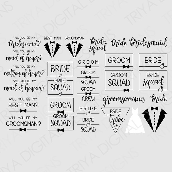Bridesmaid and Groomsman SVG Bundle of 30 | Wedding, Maid of Honor, Bridesmaid, Bride Squad, Groom Crew, Groomsman Tuxedo | Digital DOWNLOAD