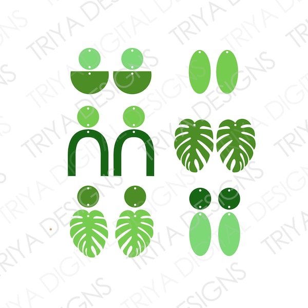 Tropical Earring Set of 6 SVG Cut Files | Monstera Leaf Leather Earrings, Palm Leaves | PNG Print then Cut File | Digital DOWNLOAD