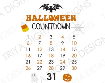 Halloween Countdown Calendar | SVG Cut File, Printable JPG, PDF, png | October Calendar, Hand Lettered Cursive Text | Digital Download