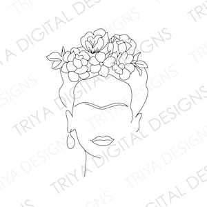 以下が含まれることがあります： 花冠をかぶった女性の線画。女性の顔は、鼻と口に1本の線でスタイリッシュに描かれています。花冠は、シンプルな花の形で作られています。