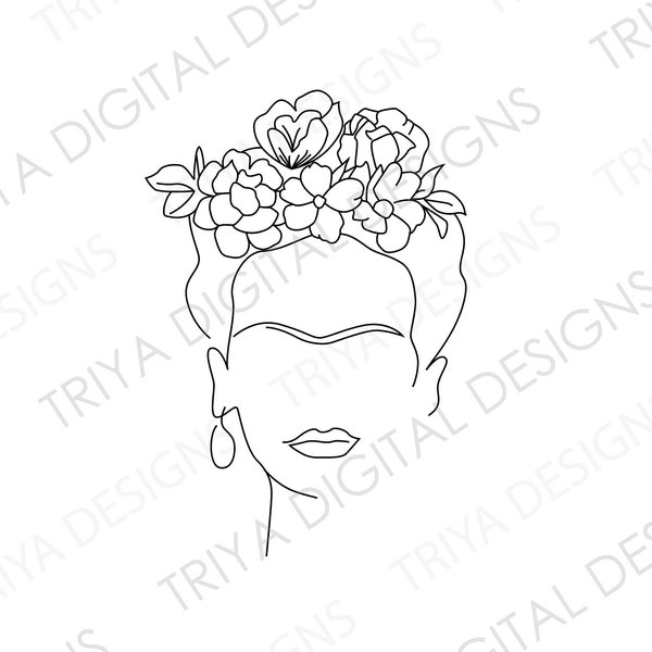 Frida Kahlo Digital Print SVG, PNG, JPG | Minimalist Women Line Art Wall Decor | Frida Kahlo, Flowers, Outline  | Instant Digital Download