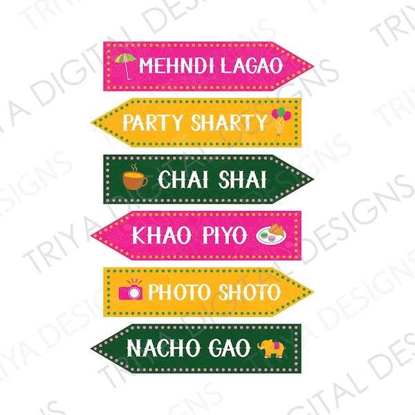 Desi Directional Signs JPG File | PRINTABLE Digital Download ONLY | Haldi Mehndi Signs, Indian Wedding Function, Hindi Decor, Mehendi Sign