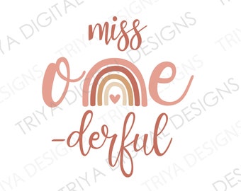 Fräulein One-derful SVG | Schreibschrift ein Text mit Boho Regenbogen SVG Schnittdatei | Regenbogen mit einem | Erster Geburtstag, ein Jahr alt | Digitaler DOWNLOAD