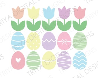SVG-bundel Pasen | Pastelkleurige tulpen en paaseieren gesneden bestand | PNG-bestand met pastelkleurige paasbloemen | Digitaal DOWNLOAD-bestand