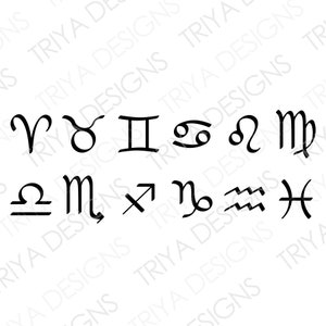 May include: A collection of twelve black zodiac symbols arranged in two rows against a white background. The symbols include Aries, Taurus, Gemini, Cancer, Leo, Virgo, Libra, Scorpio, Sagittarius, Capricorn, Aquarius, and Pisces. The text TRIYA DESIGNS is repeated faintly in the background.