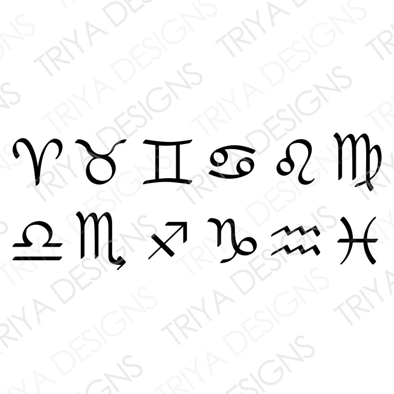 May include: A collection of twelve black zodiac symbols arranged in two rows against a white background. The symbols include Aries, Taurus, Gemini, Cancer, Leo, Virgo, Libra, Scorpio, Sagittarius, Capricorn, Aquarius, and Pisces. The text TRIYA DESIGNS is repeated faintly in the background.